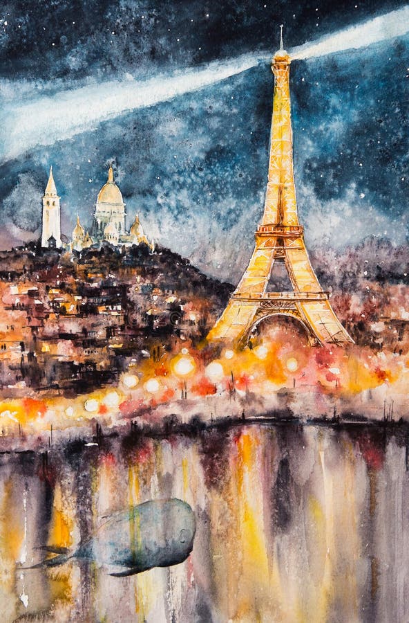 Paris at night watercolors painted stock illustration Paris at night watercolors painted stock illustration