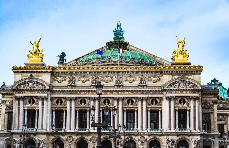 Paris, France - December 10, 2017: Facade of the Paris Opera house (Garnier Palace), the primary opera company of France, founded in 1669 by Louis XIV by architect Charles Garnier. Paris, France - December 10, 2017: Facade of the Paris Opera house (Garnier Palace), the primary opera company of France, founded in 1669 by Louis XIV by architect Charles Garnier.