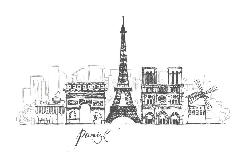 Paris skissar samlingen Abstrakt cityscape med gränsmärken vektor illustrationer Paris skissar samlingen Abstrakt cityscape med gränsmärken vektor illustrationer