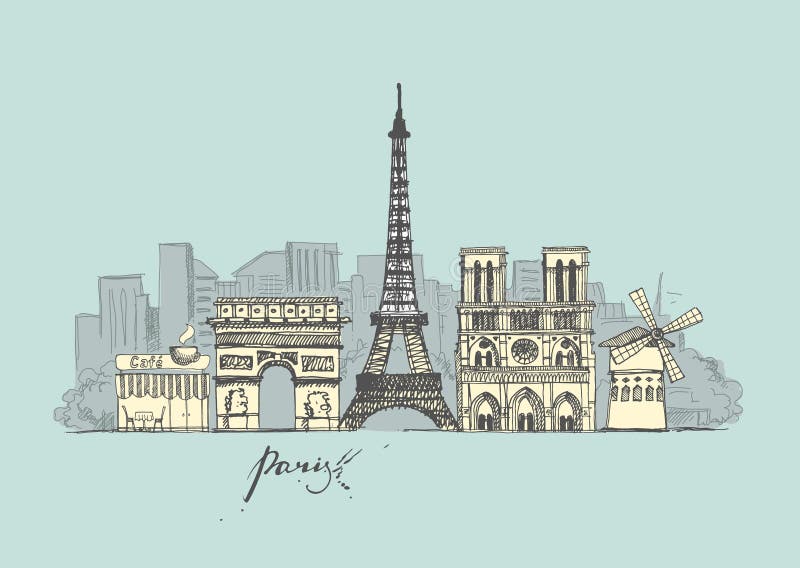 Paris skissar samlingen Abstrakt cityscape med gränsmärken royaltyfri illustrationer Paris skissar samlingen Abstrakt cityscape med gränsmärken royaltyfri illustrationer