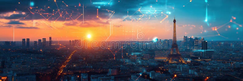 Paris skyline at sunset with Eiffel Tower illuminated, digital overlay of technology and data visualization stock photo