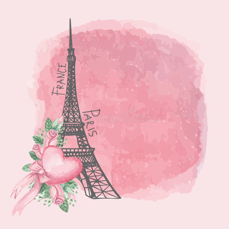 Paris Vintage  Tower,Watercolor Pink Stock Vector - Illustration  of drawing, french: 52555008