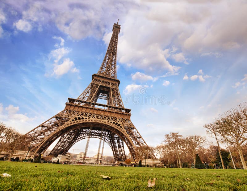 Paris. Wonderful Wide Angle View Of Eiffel Tower From Street Lev Stock