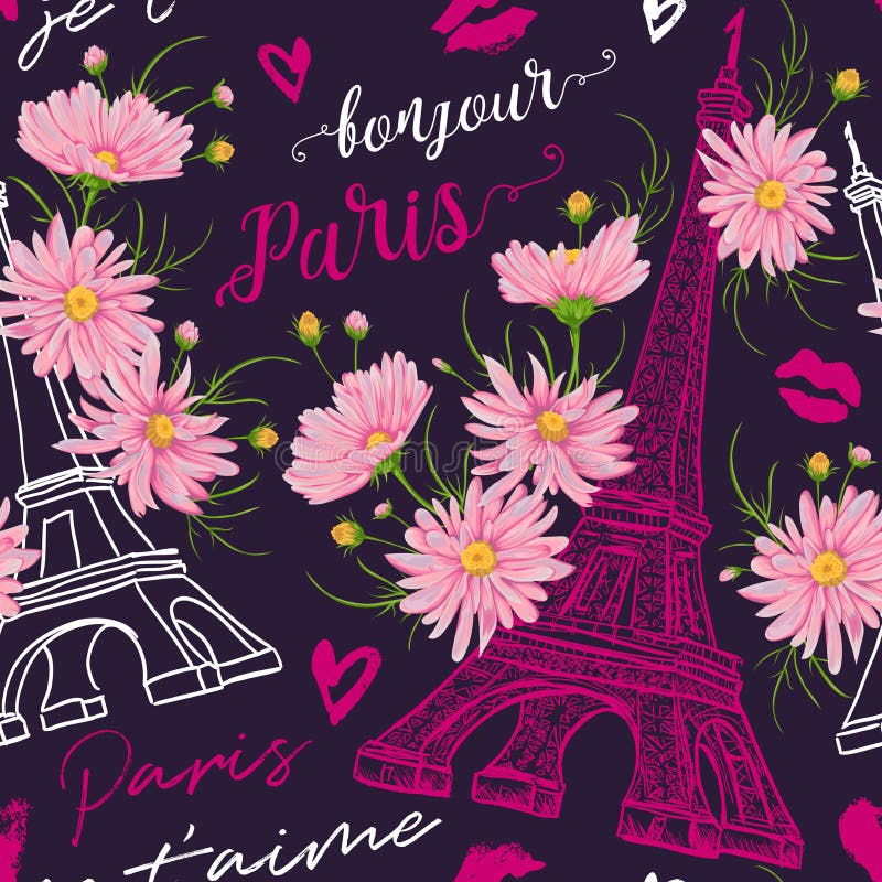paris Винтажная безшовная картина с Эйфелева башней, поцелуями, сердцами и розовым стоцветом цветет в стиле акварели иллюстрация штока paris Винтажная безшовная картина с Эйфелева башней, поцелуями, сердцами и розовым стоцветом цветет в стиле акварели иллюстрация штока