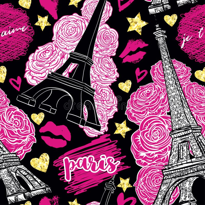 paris Винтажная безшовная картина с Эйфелева башней, розами, поцелуями, сердцами и звездами с золотой текстурой фольги яркого бле иллюстрация штока paris Винтажная безшовная картина с Эйфелева башней, розами, поцелуями, сердцами и звездами с золотой текстурой фольги яркого бле иллюстрация штока