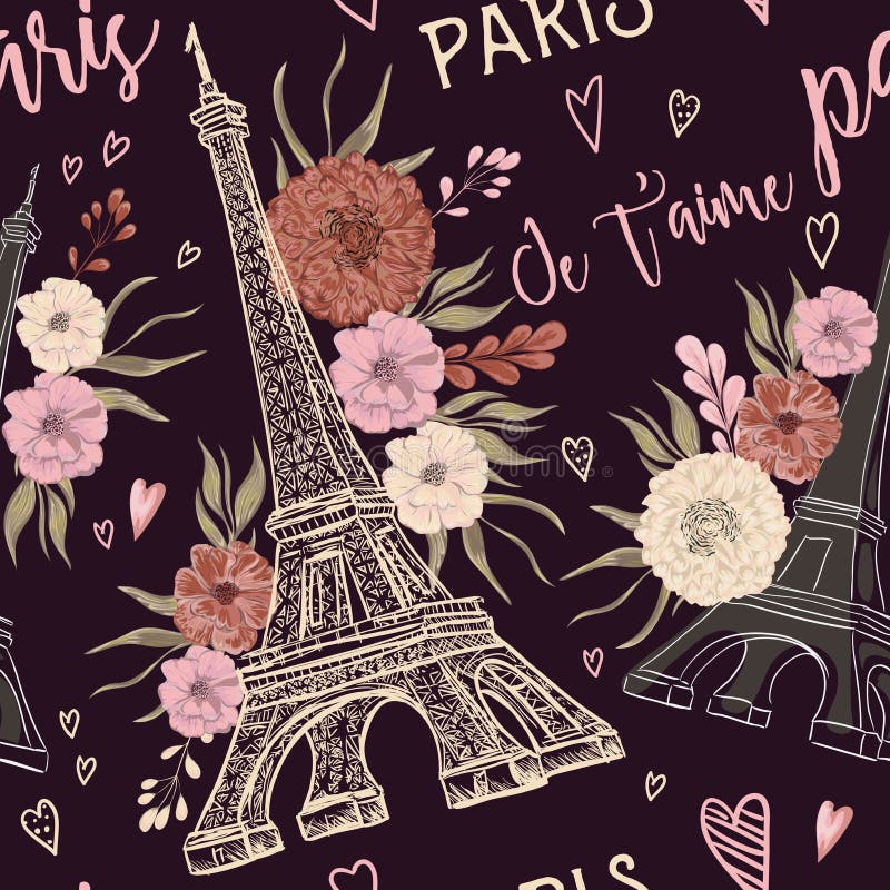 paris Винтажная безшовная картина с Эйфелева башней, сердцами и флористическими элементами в стиле акварели иллюстрация вектора paris Винтажная безшовная картина с Эйфелева башней, сердцами и флористическими элементами в стиле акварели иллюстрация вектора