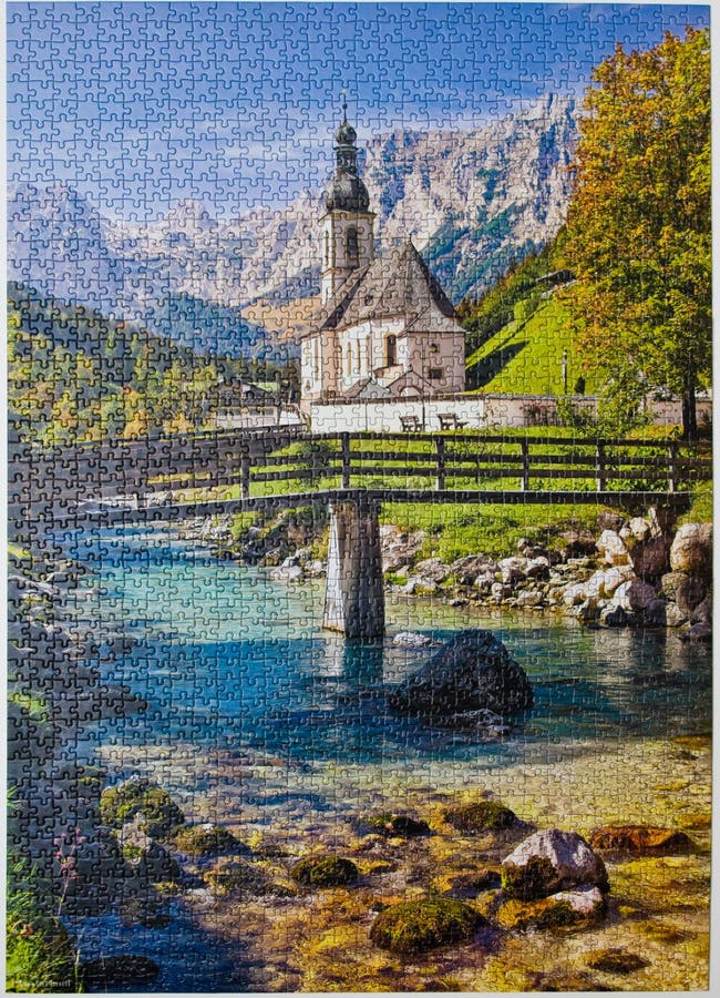 Parish church in Ramsau Germany assembled puzzle image stock photos Parish church in Ramsau Germany assembled puzzle image stock photos