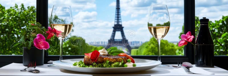 Parisian Gourmet Dining Experience Elegant French Cuisine Romantic Ambiance Turnul Eiffel View Vinuri splendide întâlnire perfectă vector illustration