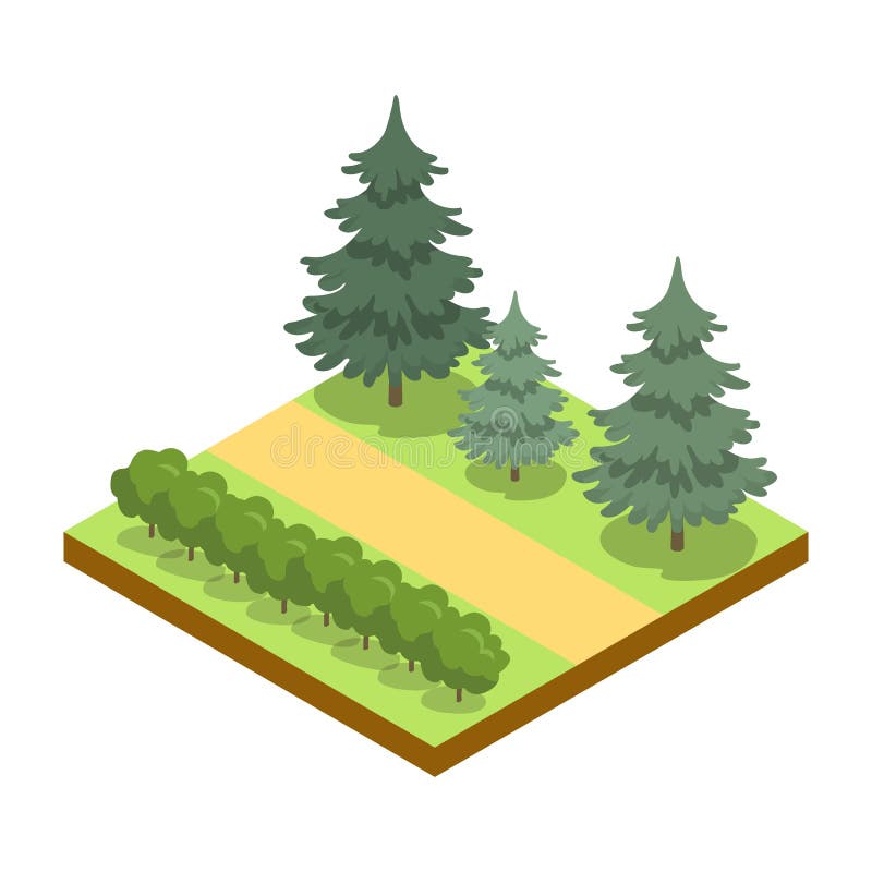 Park alley with bushes and pines isometric 3D icon