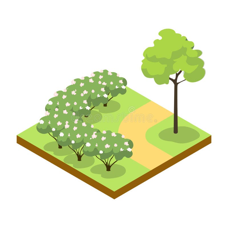 Park alley with bushes and tree isometric 3D icon