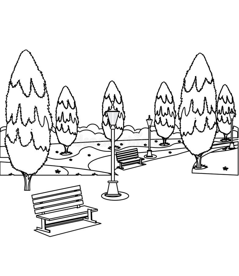 Download Park With Benches And Trees Coloring Page Stock Illustration - Illustration of background ...