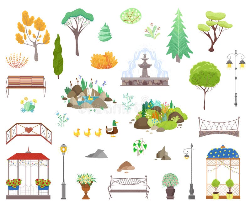 Park decor elements vector illustration set, cartoon flat city park garden landscape items collection icons isolated on