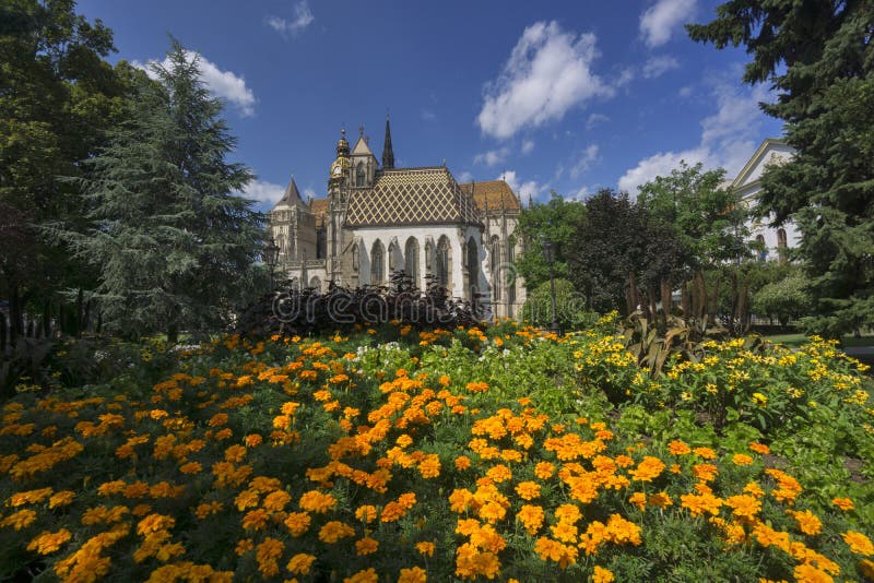 Park with flowers near St. Elizabeth Cathedral in Kosice