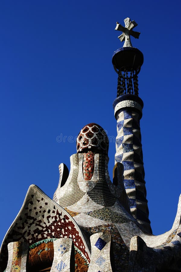 Park Guell Mosaic Details on the two main buildings at the entrance of the park Antoni Gaudi Barcelona Spain