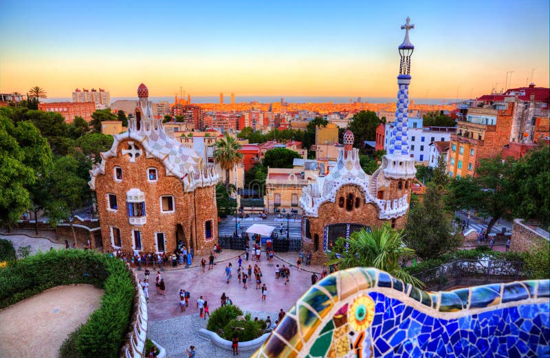 Park Guell, Barcelona, Spain at sunset