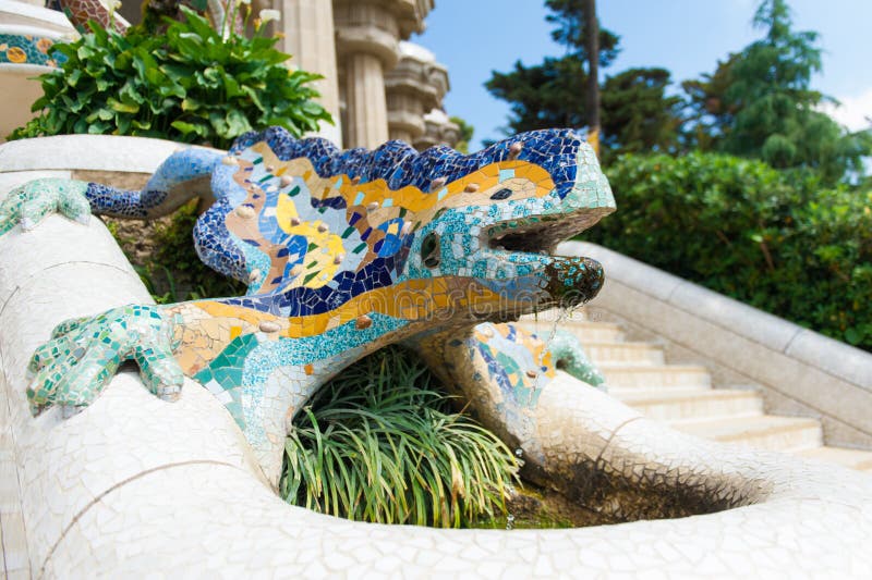 Park Guell - fountain mosaic sculpture designed by Antoni Gaudi, Barcelona, Spain stock photo Park Guell - fountain mosaic sculpture designed by Antoni Gaudi, Barcelona, Spain stock photo