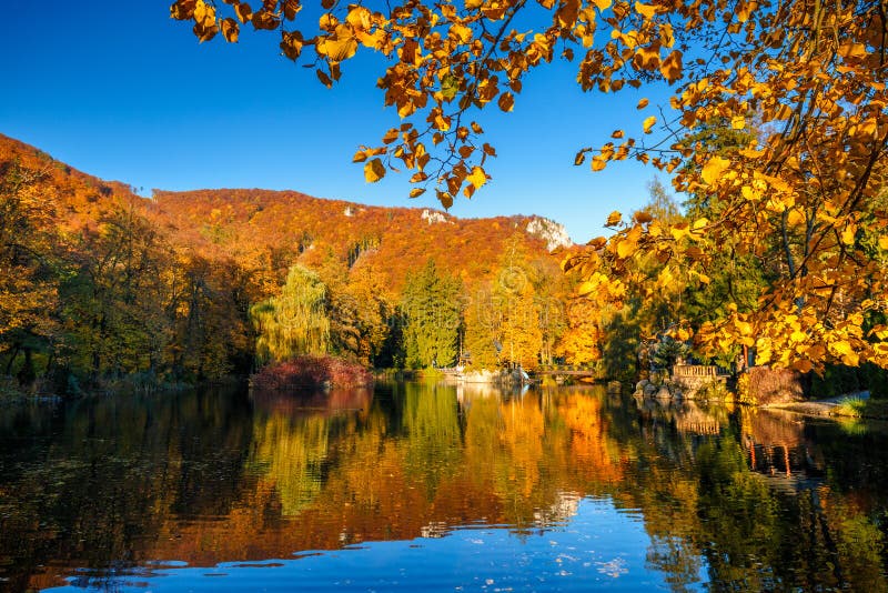 Park s jezerem v podzimních barvách.