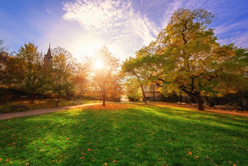 Park in Prague near the Castle Hill, sunny autumn landscape with green grass, yellow trees and blue sky, Prague, Czech Republic royalty free stock photo Park in Prague near the Castle Hill, sunny autumn landscape with green grass, yellow trees and blue sky, Prague, Czech Republic royalty free stock photo