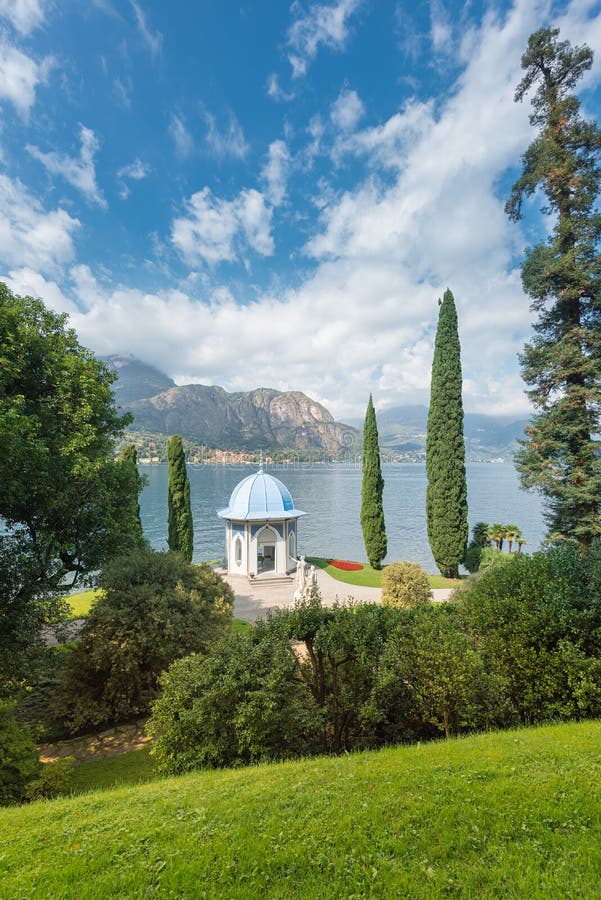 Colorful image of the park of Villa Melzi in Bellagio with its famous tea house at the Italian Lake Como, Europe. Colorful image of the park of Villa Melzi in Bellagio with its famous tea house at the Italian Lake Como, Europe