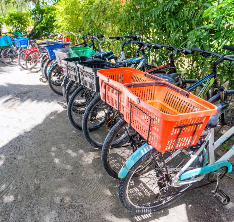 Parked bikes in La Digue at Anse Source D'Argent Beach