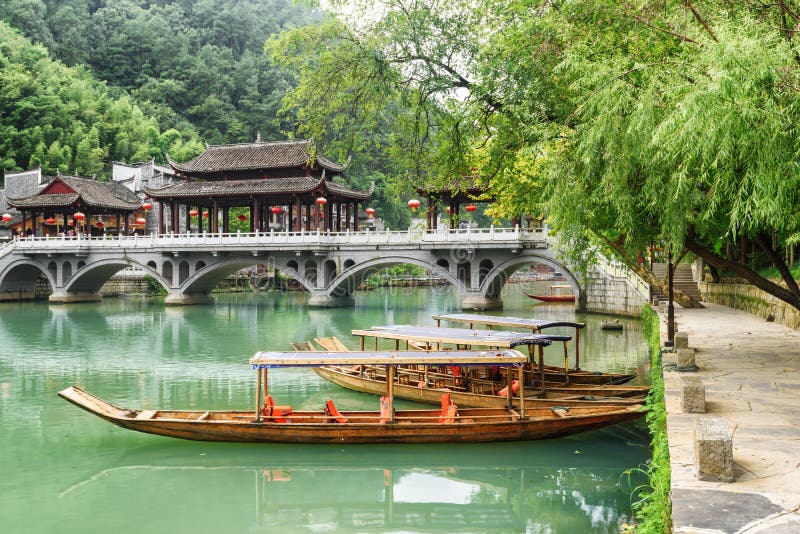 Parked Wooden Boats on the Tuojiang River, Fenghuang, China Stock Image - Image of float, province: 139524675