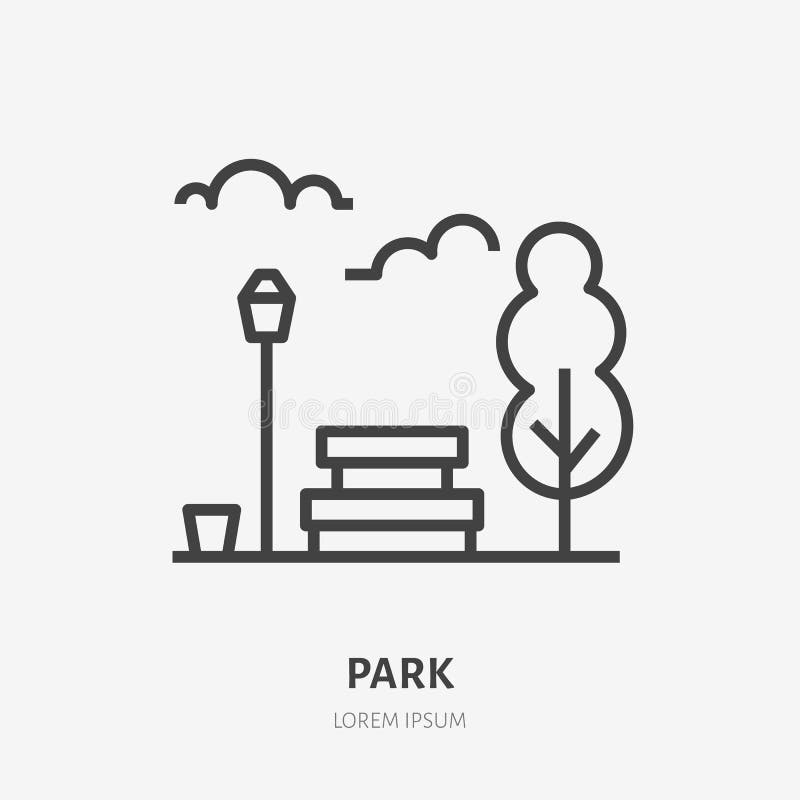 Parkera den plana linjen symbol Tunt tecken för vektor av bänk-, träd-, himmel- och gataljus, stads- logo för offentligt ställe T royaltyfri illustrationer Parkera den plana linjen symbol Tunt tecken för vektor av bänk-, träd-, himmel- och gataljus, stads- logo för offentligt ställe T royaltyfri illustrationer