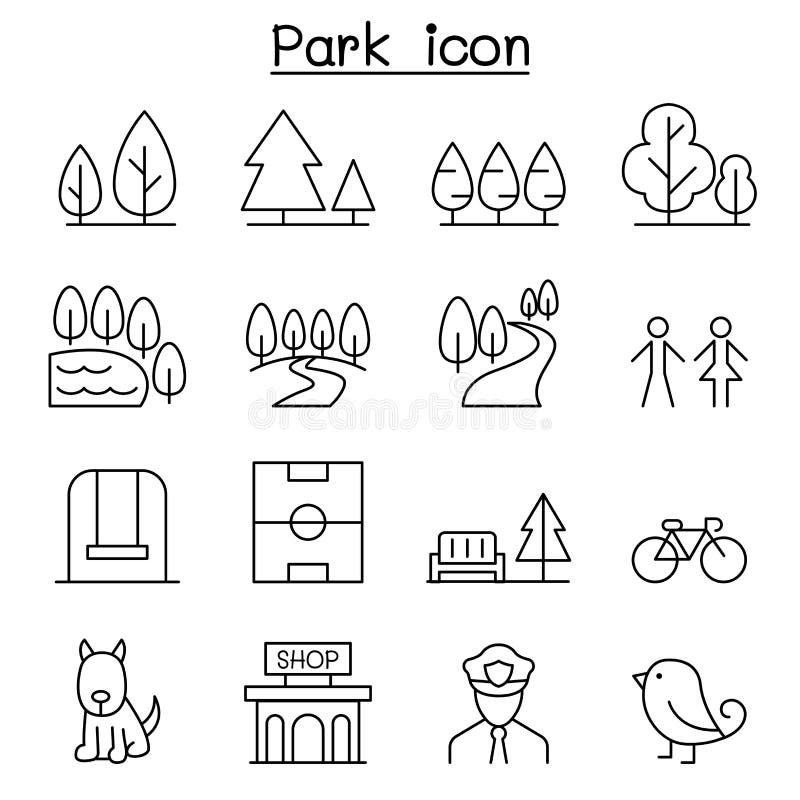 Parkera symbolsuppsättningen i den tunna linjen stil vektor illustrationer Parkera symbolsuppsättningen i den tunna linjen stil vektor illustrationer