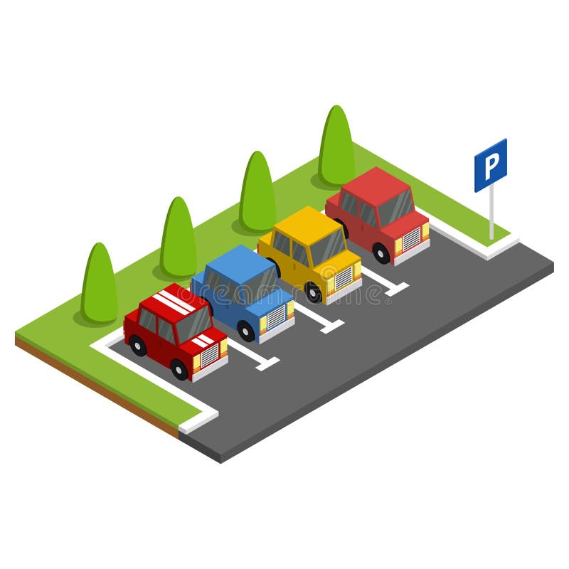 Parkering med parkerade bilar bredvid gröna träd Isometrisk vektorillustration vektor illustrationer