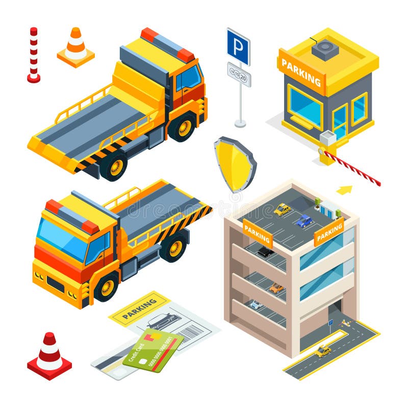 Parkerings- och evakueringsbilar isometrisk transport trucks vektorn vektor illustrationer Parkerings- och evakueringsbilar isometrisk transport trucks vektorn vektor illustrationer