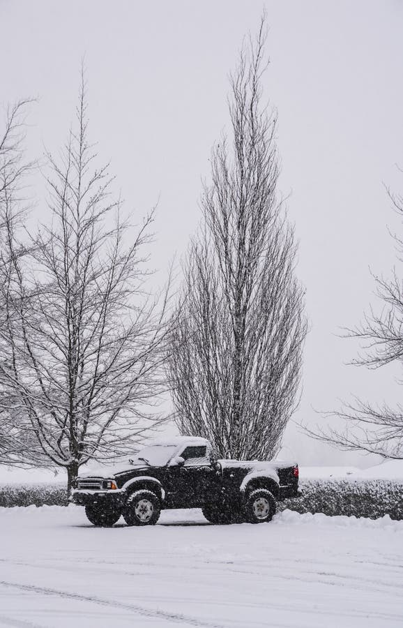 Parking lot in snow with lonely truck under the tree. royalty free stock photo Parking lot in snow with lonely truck under the tree. royalty free stock photo