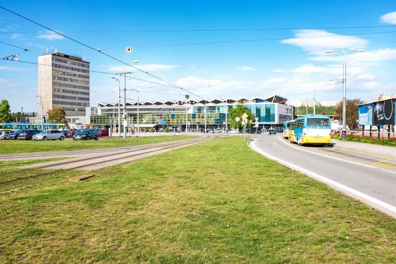 Parking lot, tram stop and bus stop in front of Main railway station in Kosice Slovakia