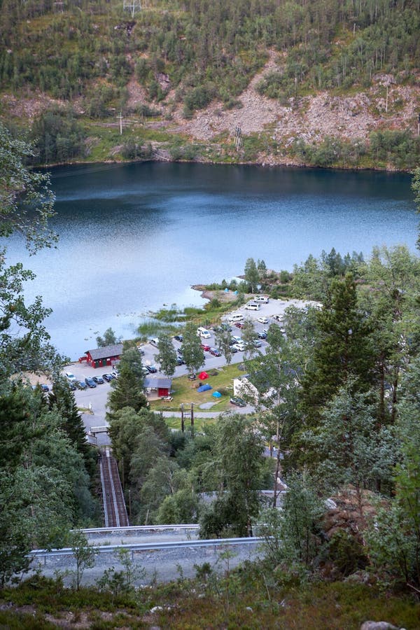 Parking lot of the world-famous Trolltunga outcropping. The P2 parking area is located on downhill. Norway, Scandinavia