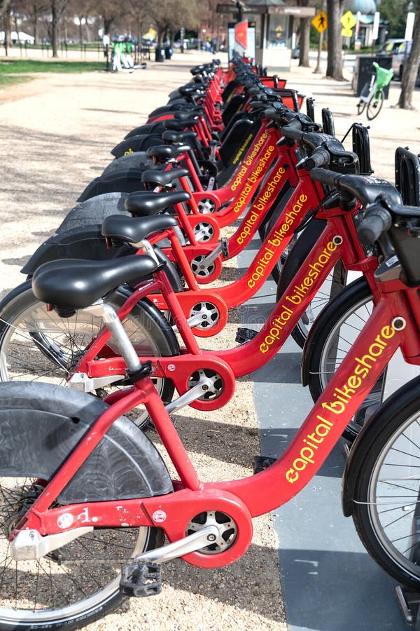 Parking for Rental Bikes in Central Washington. Row of Fixed Red Bikes