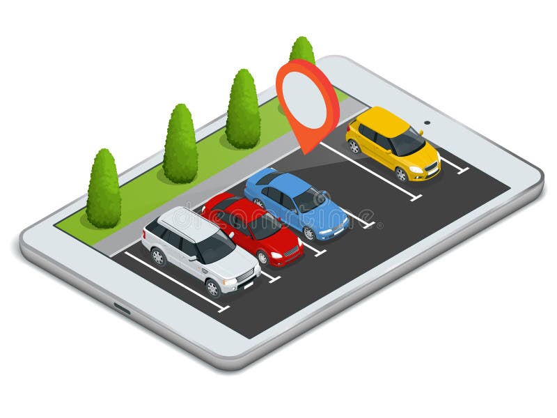 Parking wystawiający na laptopie Urządzenie bezprzewodowe z locater mapy app przyrządem Wektorowa mieszkania 3d isometric ilustra