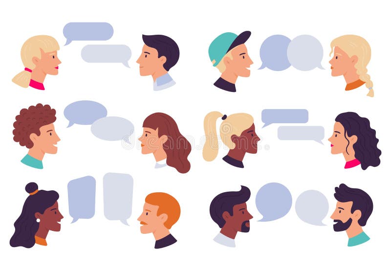 Parler les gens Conversation en couple, bulles de dialogue et avatars de chat portraits de profil parlent ensemble vectoriel illustration stock