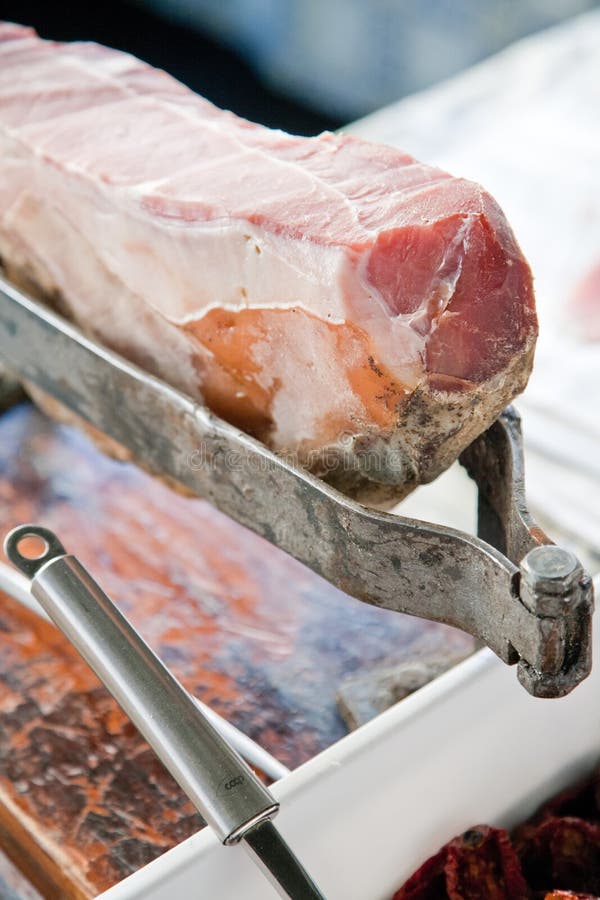 Parma ham on stand stock image. Image of held, market 39478803