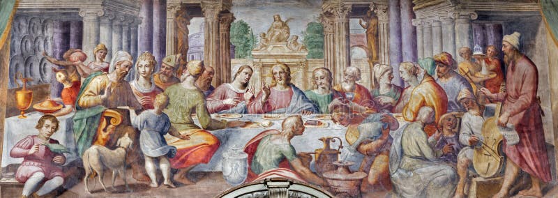 PARMA ITALIEN, 2018: Freskomålningen av bröllopet på Cana i kyrkliga Chiesa di Santa Croce av Giovanni Maria Conti della Camera arkivbild PARMA ITALIEN, 2018: Freskomålningen av bröllopet på Cana i kyrkliga Chiesa di Santa Croce av Giovanni Maria Conti della Camera arkivbild