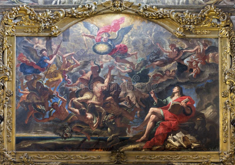 Parma - målningen av striden av änglarna efter apokalyps av St John i kyrkliga Chiesa di San Giovanni Evangelista