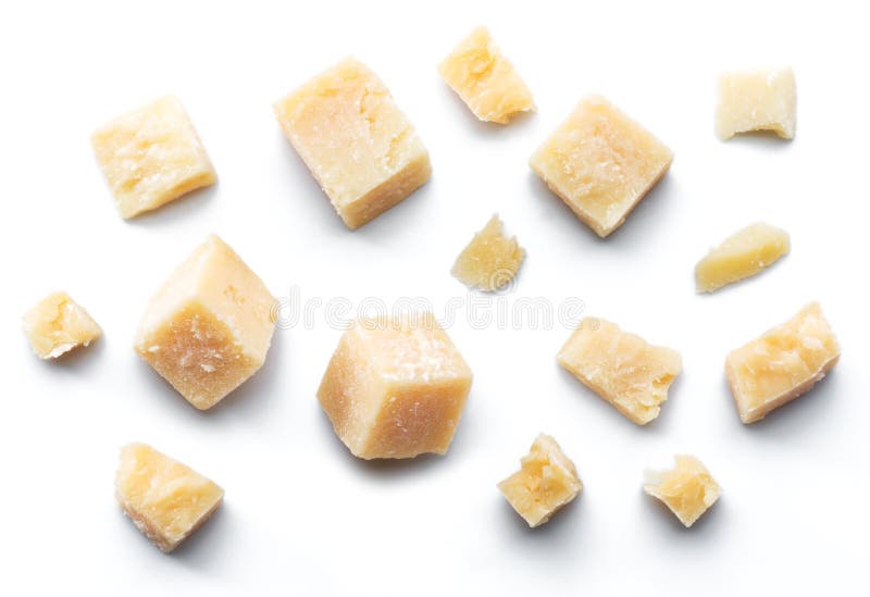 Parmesan cheese cubes and parmesan crumbs isolated on white background