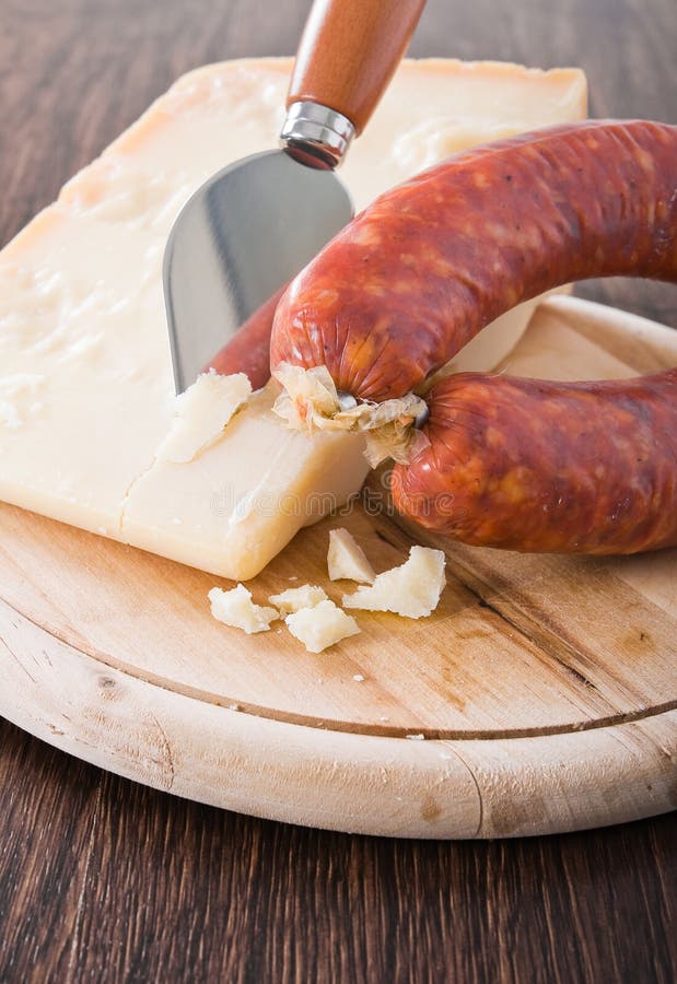 Parmesan Cheese Piece with Spicy Sausage. Stock Photo - Image of edible ...