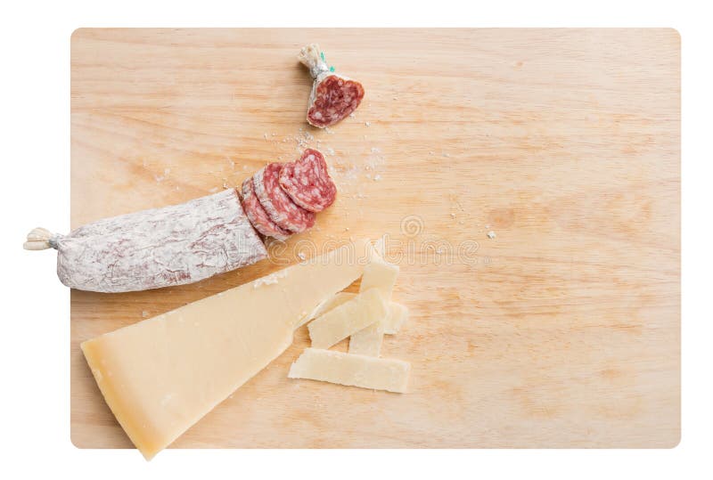 Parmesan cheese wedge and dried salami