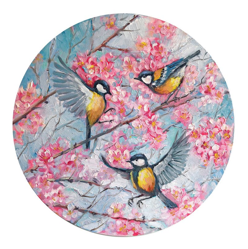 Paro degli uccelli dell'albero su un ramo dei fiori di ciliegia di sakura in primavera nel cerchio Figura rotonda Pittura a olio fotografia stock libera da diritti Paro degli uccelli dell'albero su un ramo dei fiori di ciliegia di sakura in primavera nel cerchio Figura rotonda Pittura a olio fotografia stock libera da diritti