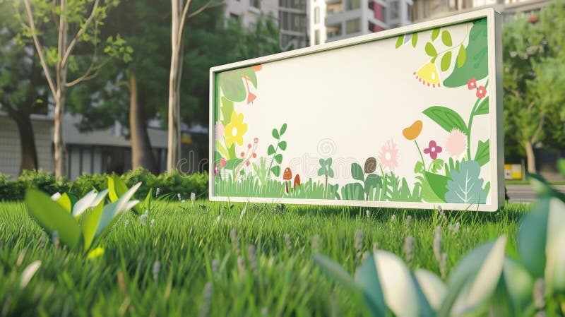 Blank mockup of a hoarding with a green grass background and playful cartoon illustrations perfect for advertising familyfriendly construction projects. . AI generated. Blank mockup of a hoarding with a green grass background and playful cartoon illustrations perfect for advertising familyfriendly construction projects. . AI generated