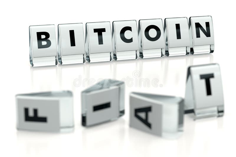 Parola BITCOIN scritta su blocchi e caduta sopra blocchi sfocati con lettere FIAT Isolato su bianco La criptocurrenza più diffusa illustrazione vettoriale