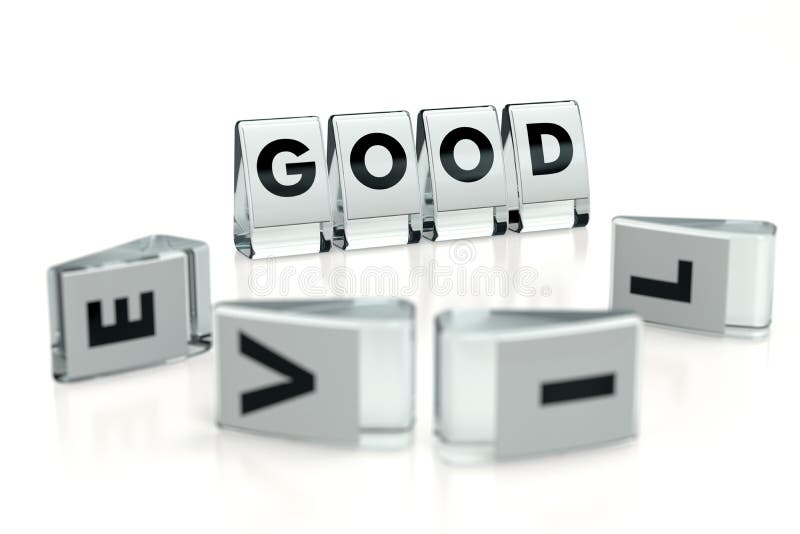 Parola buona scritta su blocchi lucidi e ricoperta di blocchi sfuocati con lettere EVIL, isolata su fondo bianco Il bene contro i illustrazione di stock