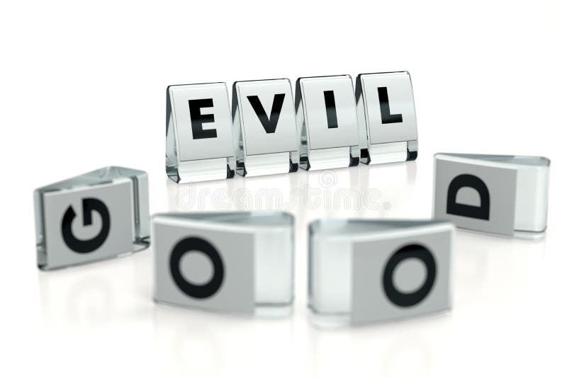Parola EVIL scritta su blocchi lucidi e ricoperta di blocchi sfuocati con lettere GOOD, isolata su fondo bianco Quando vince il m royalty illustrazione gratis