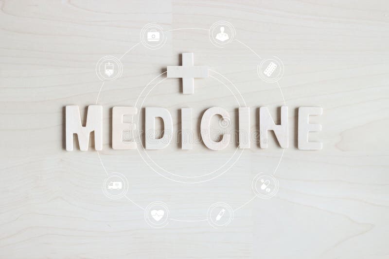 Parola in legno di medicina con icona di medicina, su sfondo in legno, simbolo astratto, assicurazione, medica e sanitaria fotografia stock libera da diritti Parola in legno di medicina con icona di medicina, su sfondo in legno, simbolo astratto, assicurazione, medica e sanitaria fotografia stock libera da diritti