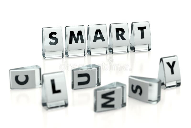 Parola SMART scritta su blocchi lucidi e ricoperta di blocchi sfuocati con lettere CLUMSY, isolata su fondo bianco Differenza royalty illustrazione gratis