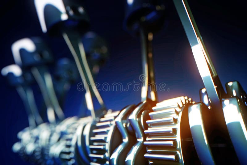 3d rendered illustration of engine pistons and cog wheels with depth of field effect. 3d rendered illustration of engine pistons and cog wheels with depth of field effect