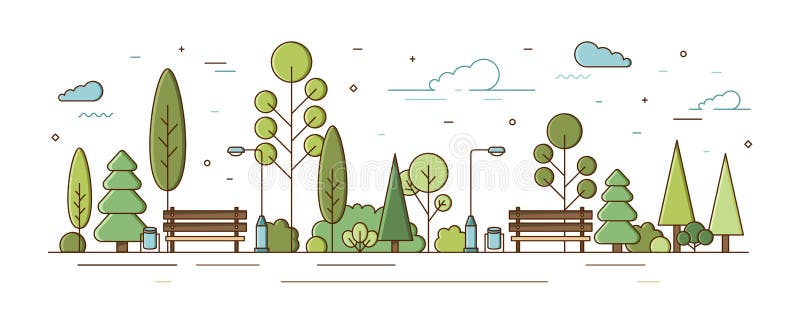 City park or municipal garden with trees, bushes, street lights and benches. Urban recreational area or zone. Modern colorful vector illustration in line art style for public location planning. City park or municipal garden with trees, bushes, street lights and benches. Urban recreational area or zone. Modern colorful vector illustration in line art style for public location planning